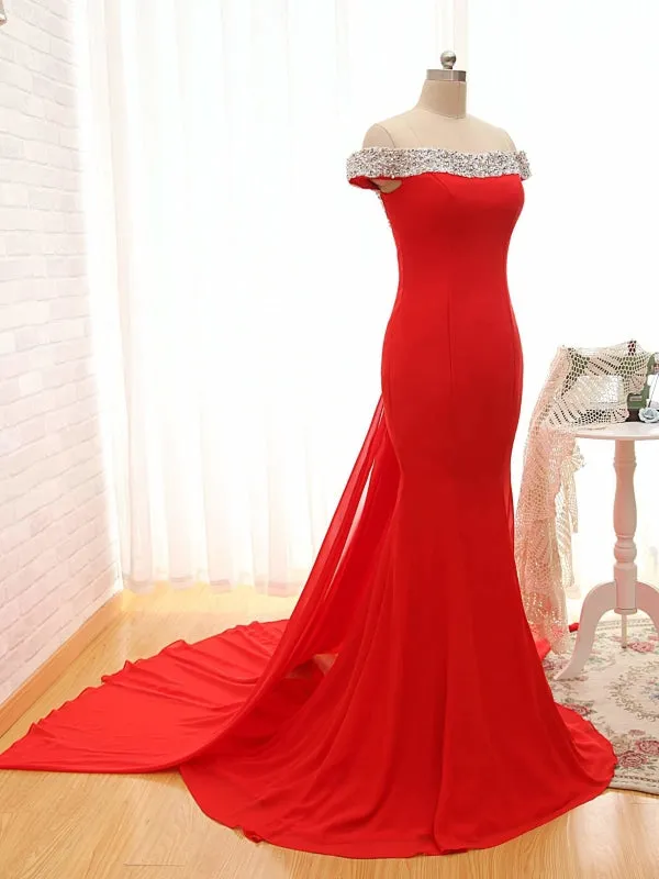 Sexy Off The Shoulder Red Prom Dress,Mermaid Red Evening Dress