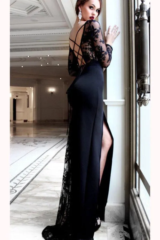 Sexy Sleeve Split Lace Prom Side Slit Long Evening Dress