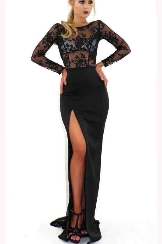Sexy Sleeve Split Lace Prom Side Slit Long Evening Dress
