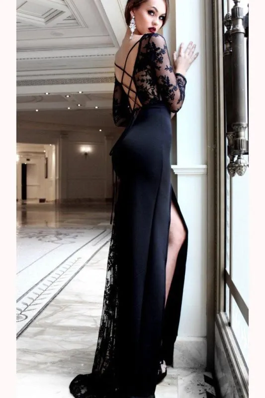 Sexy Sleeve Split Prom Side Slit Long Evening Dress with Lace