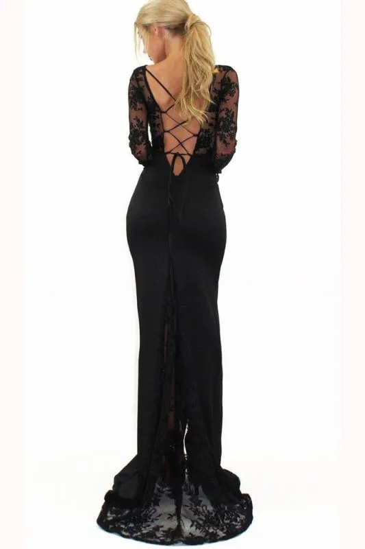 Sexy Sleeve Split Prom Side Slit Long Evening Dress with Lace