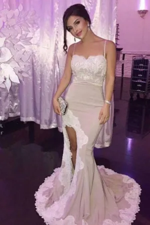 Sexy Slit Mermaid Spandex Spaghetti Straps Party Dress Long Lace Prom Dresses