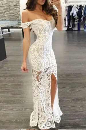 Sheath Off-Shoulder Prom Long Formal Dress Lace Evening Gown with Split