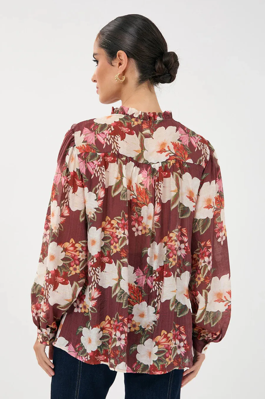 Sheer Long Sleeve Floral Print Frill Shirt