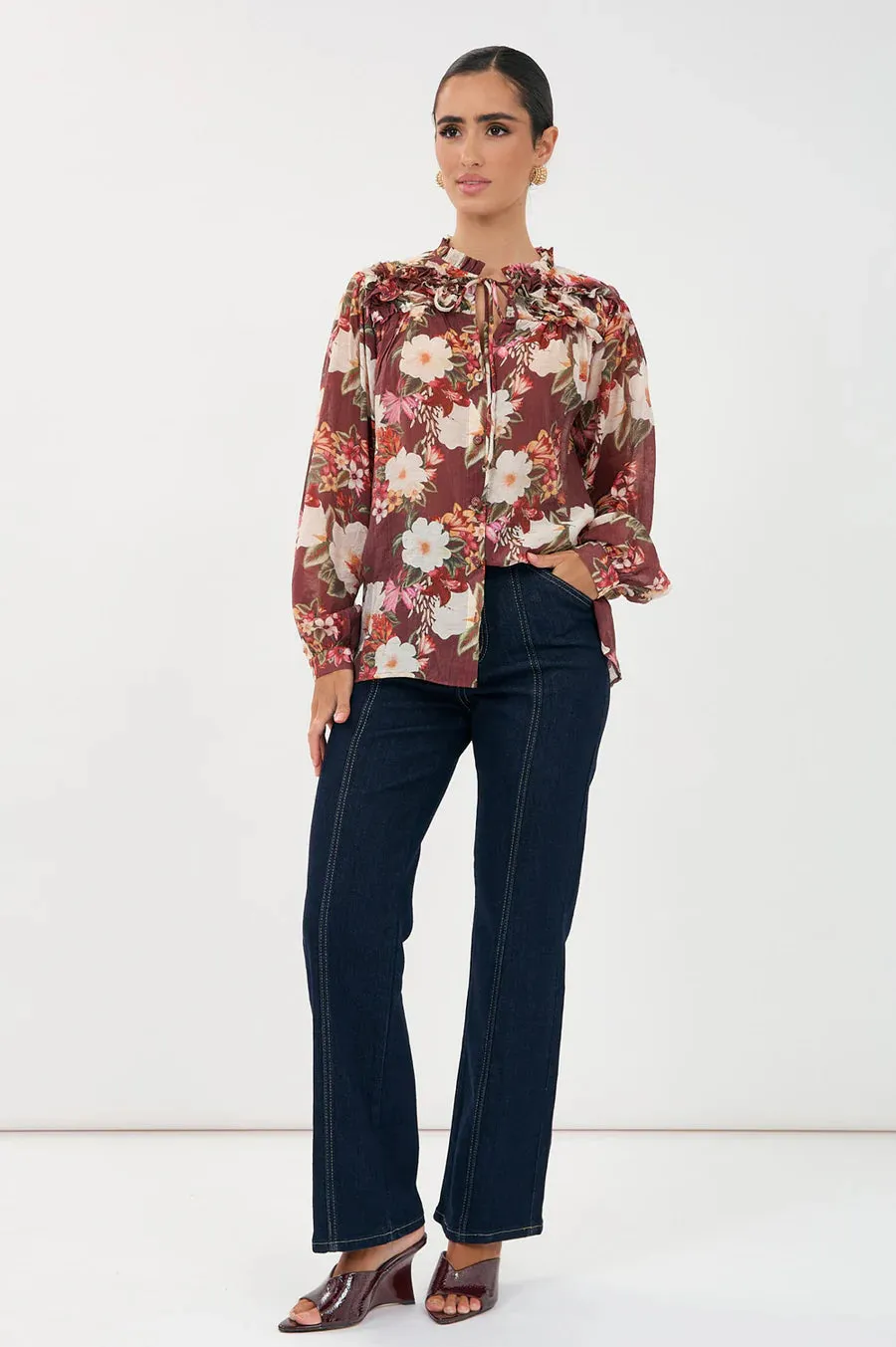 Sheer Long Sleeve Floral Print Frill Shirt