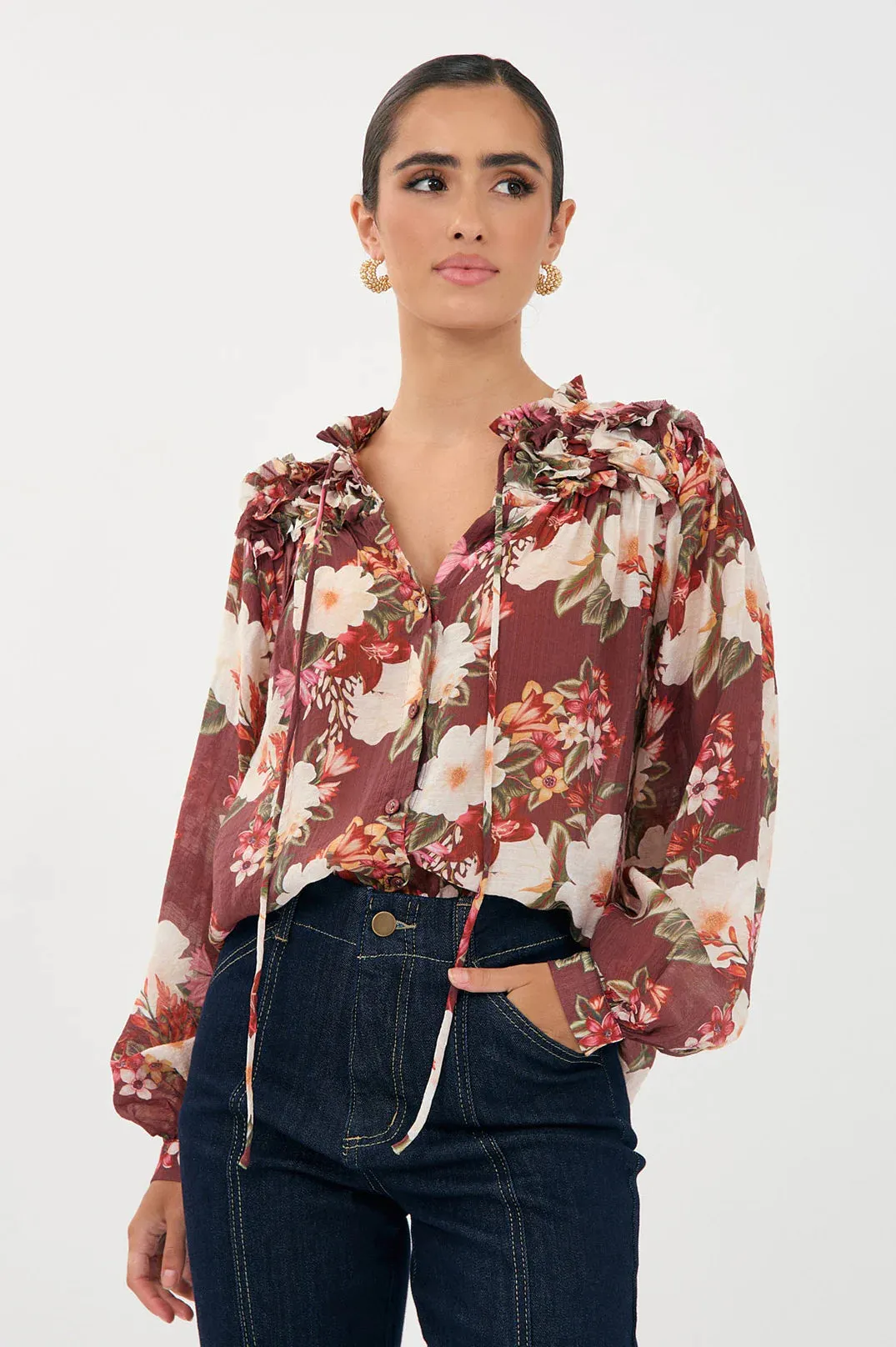 Sheer Long Sleeve Floral Print Frill Shirt