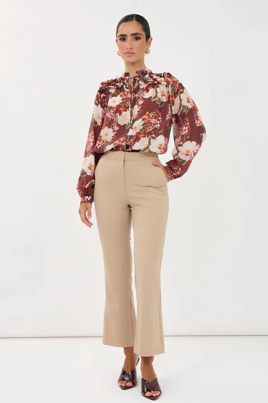 Sheer Long Sleeve Floral Print Frill Shirt