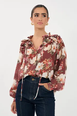 Sheer Long Sleeve Floral Print Frill Shirt