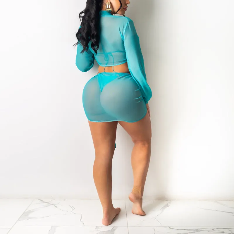 Sheer Mesh Long Sleeve Tops & Skirts Set