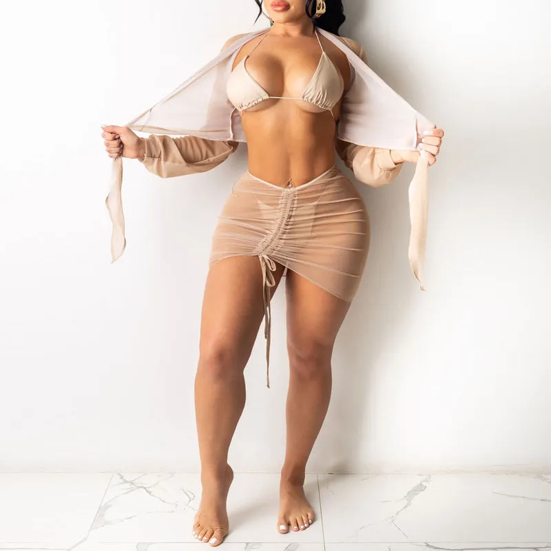 Sheer Mesh Long Sleeve Tops & Skirts Set