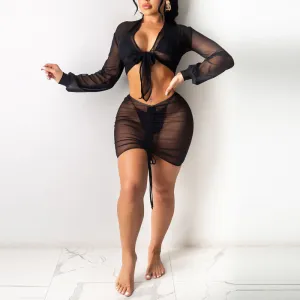 Sheer Mesh Long Sleeve Tops & Skirts Set