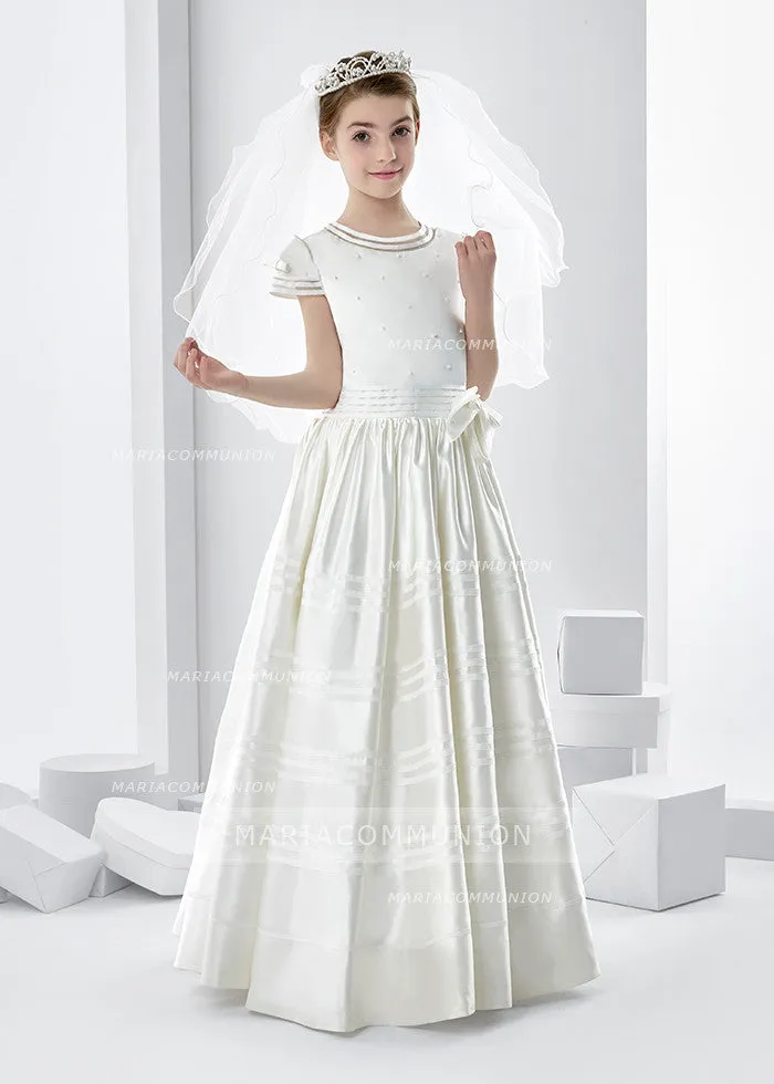 Short Sleeve Beaded Bodice A-Line Satin First Communion Dress With Bow