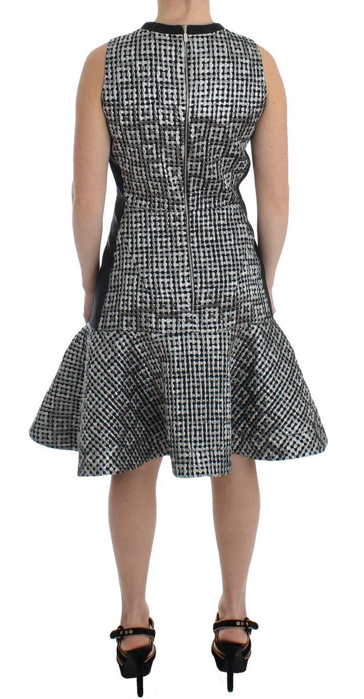 Silver Metallic Jaquard Fluted Hem Shift Dress