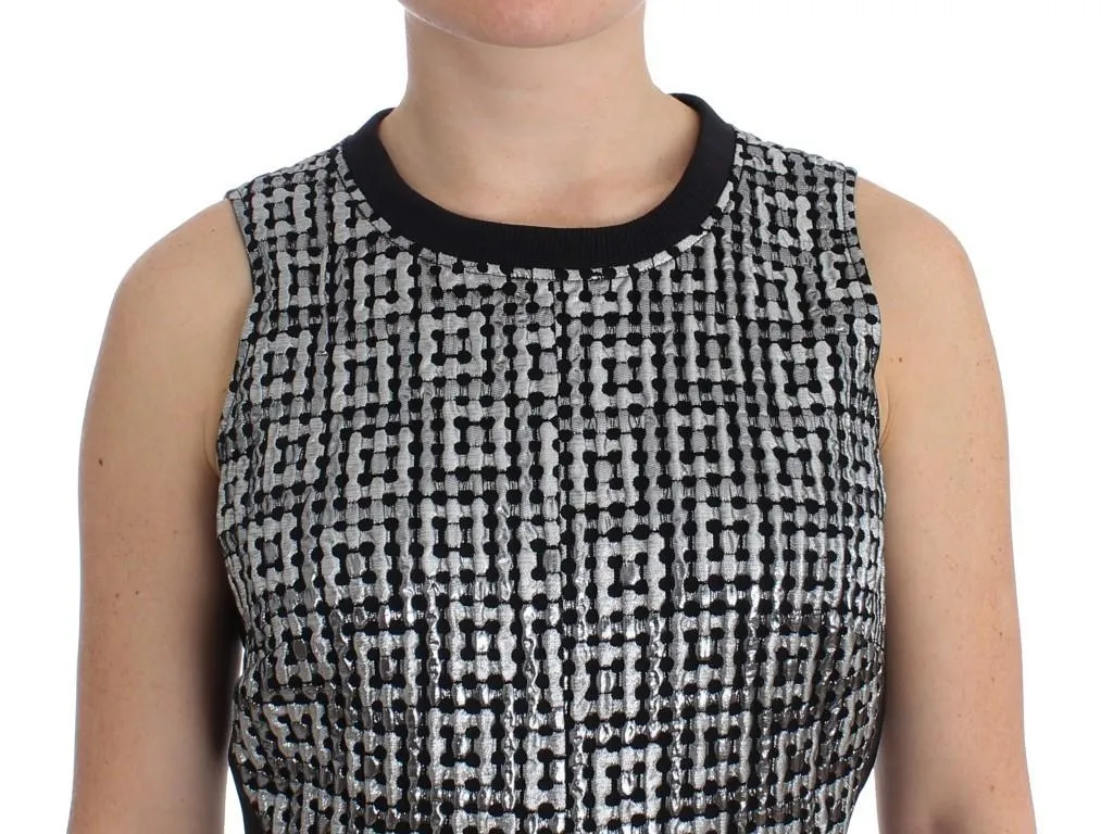 Silver Metallic Jaquard Fluted Hem Shift Dress