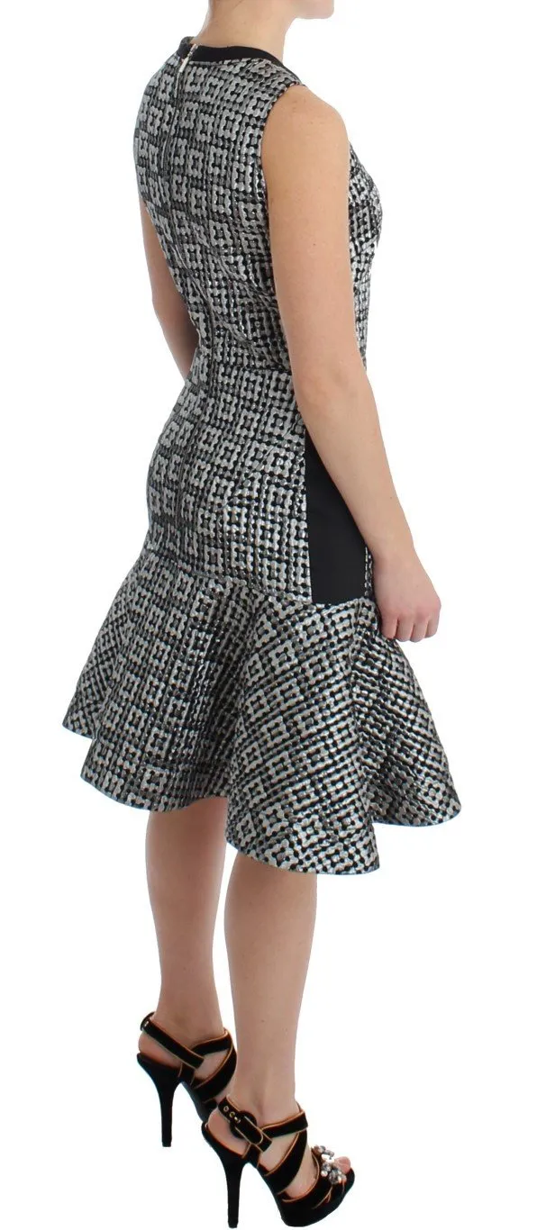 Silver Metallic Jaquard Fluted Hem Shift Dress