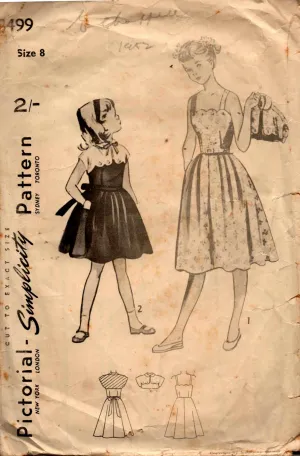 Simplicity 3499 Girls Scalloped Edge Full Skirt Party Dress & Button On Bolero 1950s Vintage Sewing Pattern Size 8 or 10