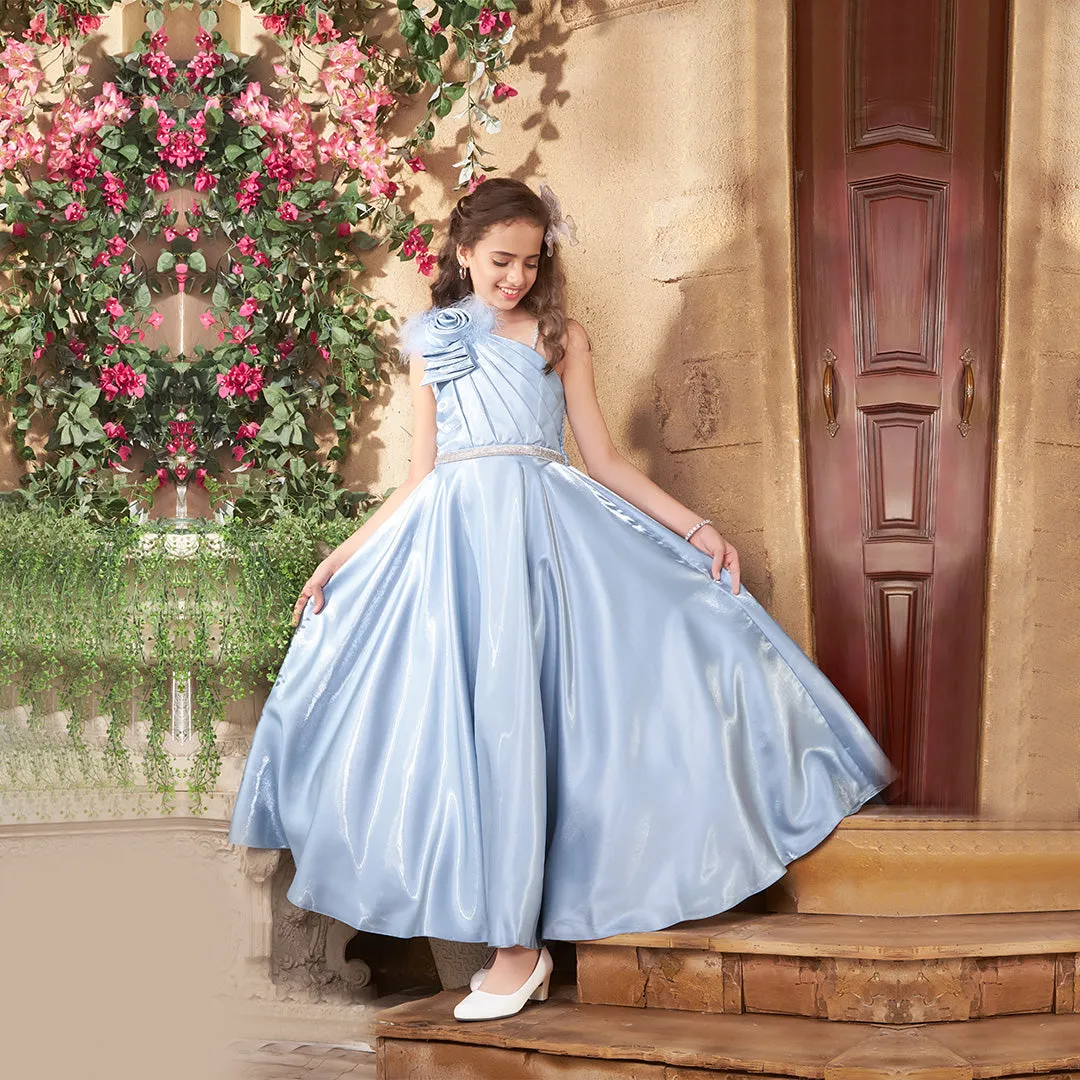 Sky Blue One-Shoulder Pattern  Gown