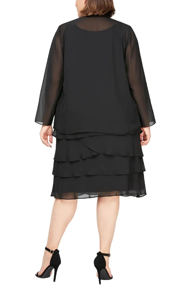 SL Fashions Chiffon Jacket with Beaded Detail Scoop Neckline Tiered Skirt Set Dress (Plus Size)