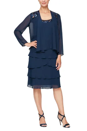 SL Fashions Chiffon Jacket with Beaded Detail Scoop Neckline Tiered Skirt Set Dress (Plus Size)