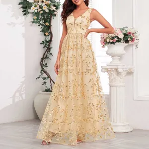 Sleeveless Sequin V-Neck Long Prom Dress Event Dress Wedding Ball Gown Dress