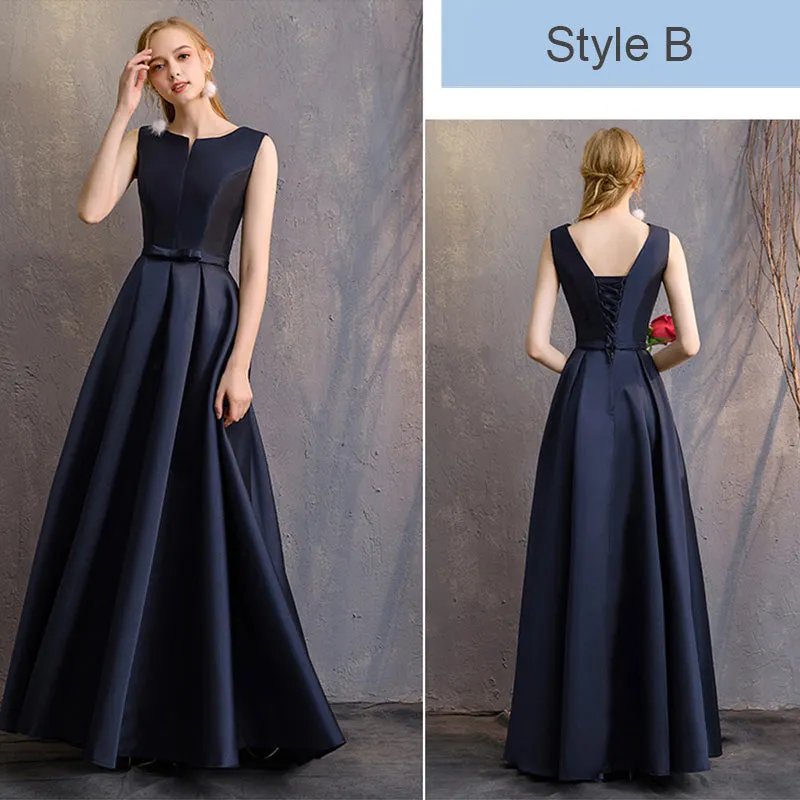 Sleeveless V Cut Satin Navy Blue Bridesmaid Dresses