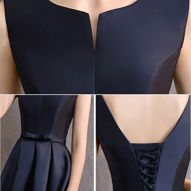 Sleeveless V Cut Satin Navy Blue Bridesmaid Dresses
