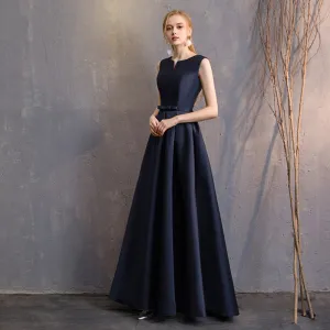 Sleeveless V Cut Satin Navy Blue Bridesmaid Dresses