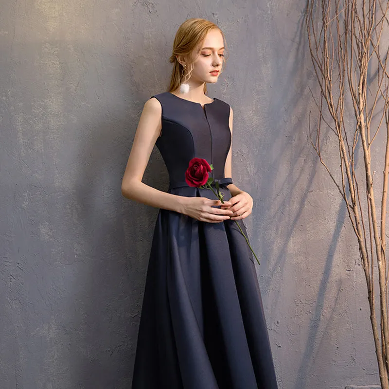 Sleeveless V Cut Satin Navy Blue Bridesmaid Dresses