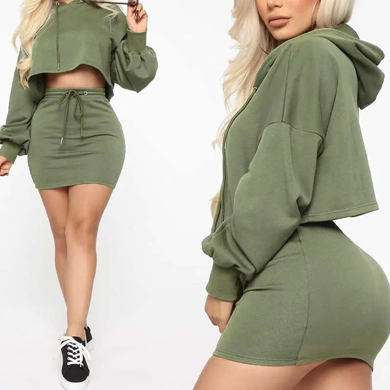 Solid Long Sleeve Hoodie Top & Skirts Set