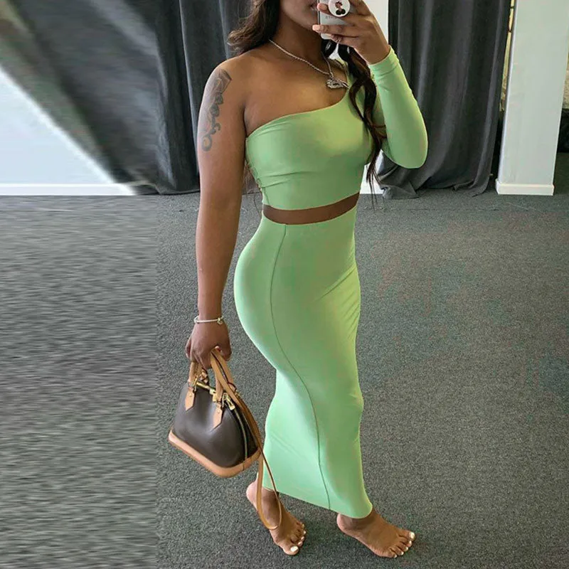 Solid Oblique Shoulder Long Sleeve Skirt Set