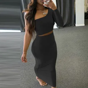 Solid Oblique Shoulder Long Sleeve Skirt Set