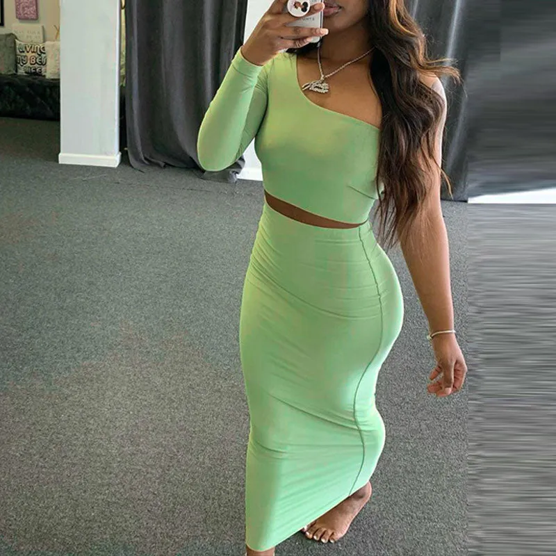 Solid Oblique Shoulder Long Sleeve Skirt Set
