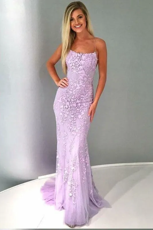Spaghetti Strap Mermaid Dress Appliques Tulle Senior Prom Dresses
