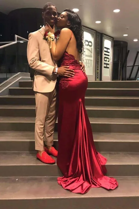 Spaghetti Straps Mermaid V-neck Sleeveless Prom Sexy Backless Evening Dress