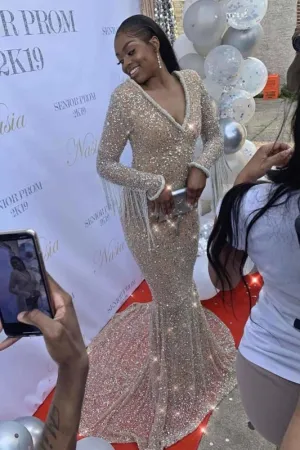 Sparking Shiny V-Neck Long Sleeves Mermaid Prom Dresses