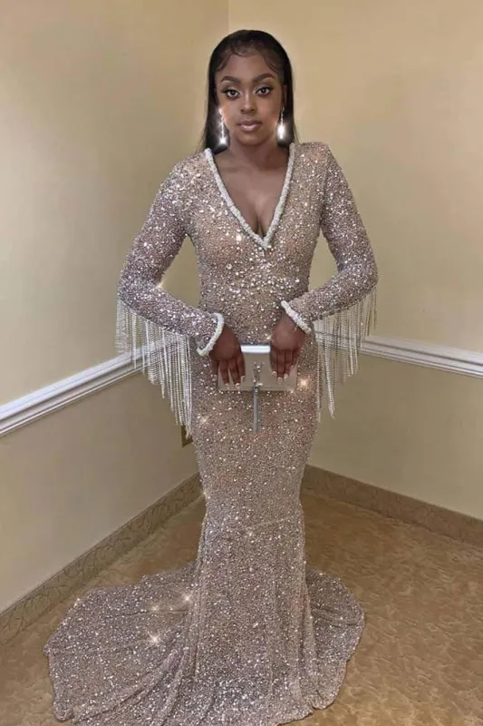 Sparking Shiny V-Neck Long Sleeves Mermaid Prom Dresses