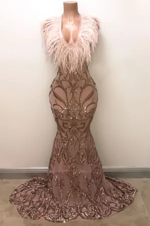 Sparkly Sequins Mermaid Feather African Girl Prom Dress