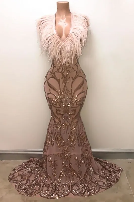 Sparkly Sequins Mermaid Feather African Girl Prom Dress
