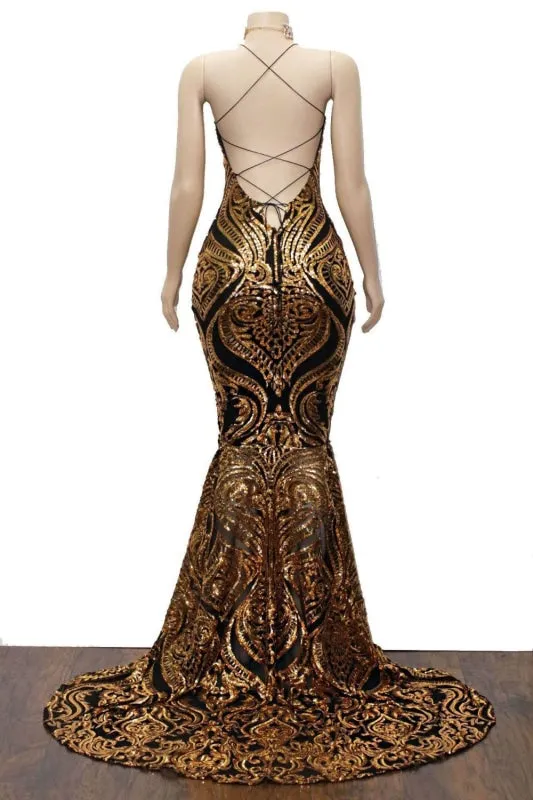 Sparkly Spaghetti Strap Golden Backless Mermaid Prom Dress