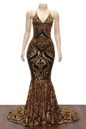 Sparkly Spaghetti Strap Golden Backless Mermaid Prom Dress