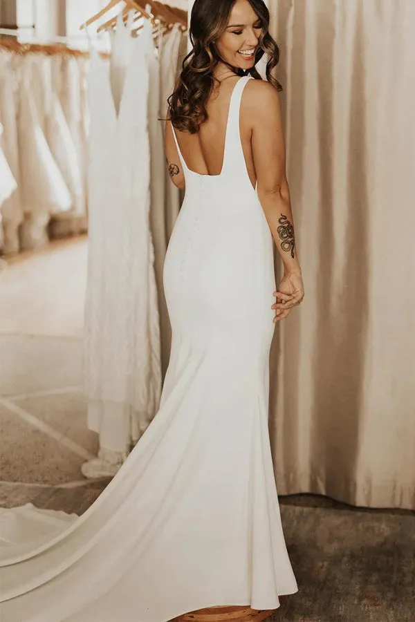 Square Neck Simple Wedding Dresses with Sweep Train TN396