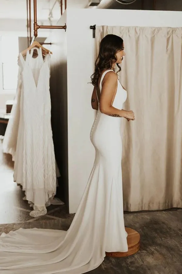 Square Neck Simple Wedding Dresses with Sweep Train TN396