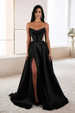 Strapless Minimalist A Line Black Sleeveless Satin Evening Gown