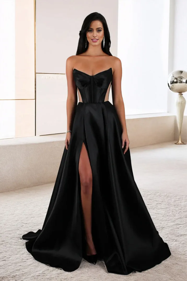 Strapless Minimalist A Line Black Sleeveless Satin Evening Gown