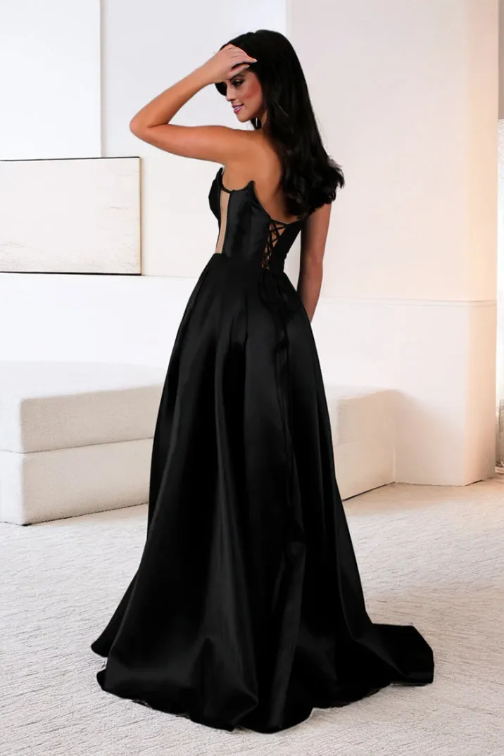Strapless Minimalist A Line Black Sleeveless Satin Evening Gown