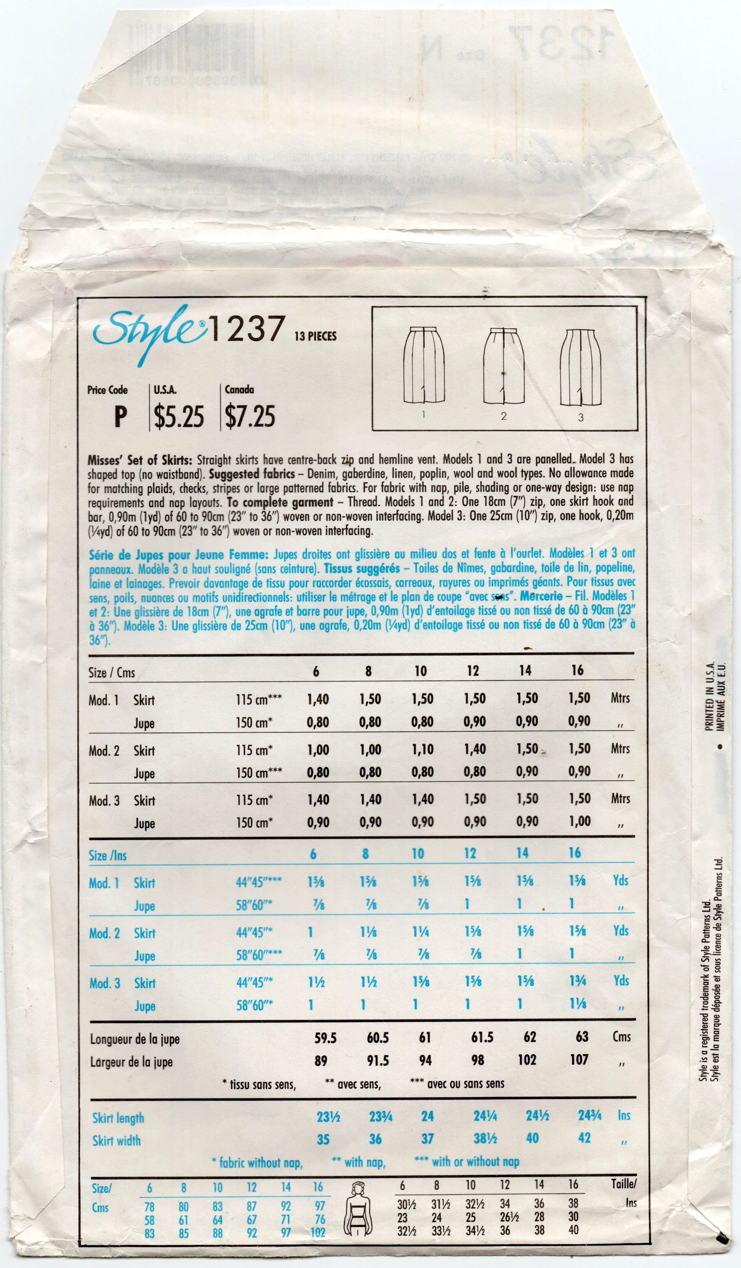 Style 1237 Womens High Waisted Pencil Skirts 1980s Vintage Sewing Pattern 10 - 14 UNCUT Factory Folded
