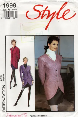 Style 1999 Womens Curved Hem Longline Jacket & Skirt 1990s Vintage Sewing Pattern Size 8 - 18 UNCUT Factory Folded