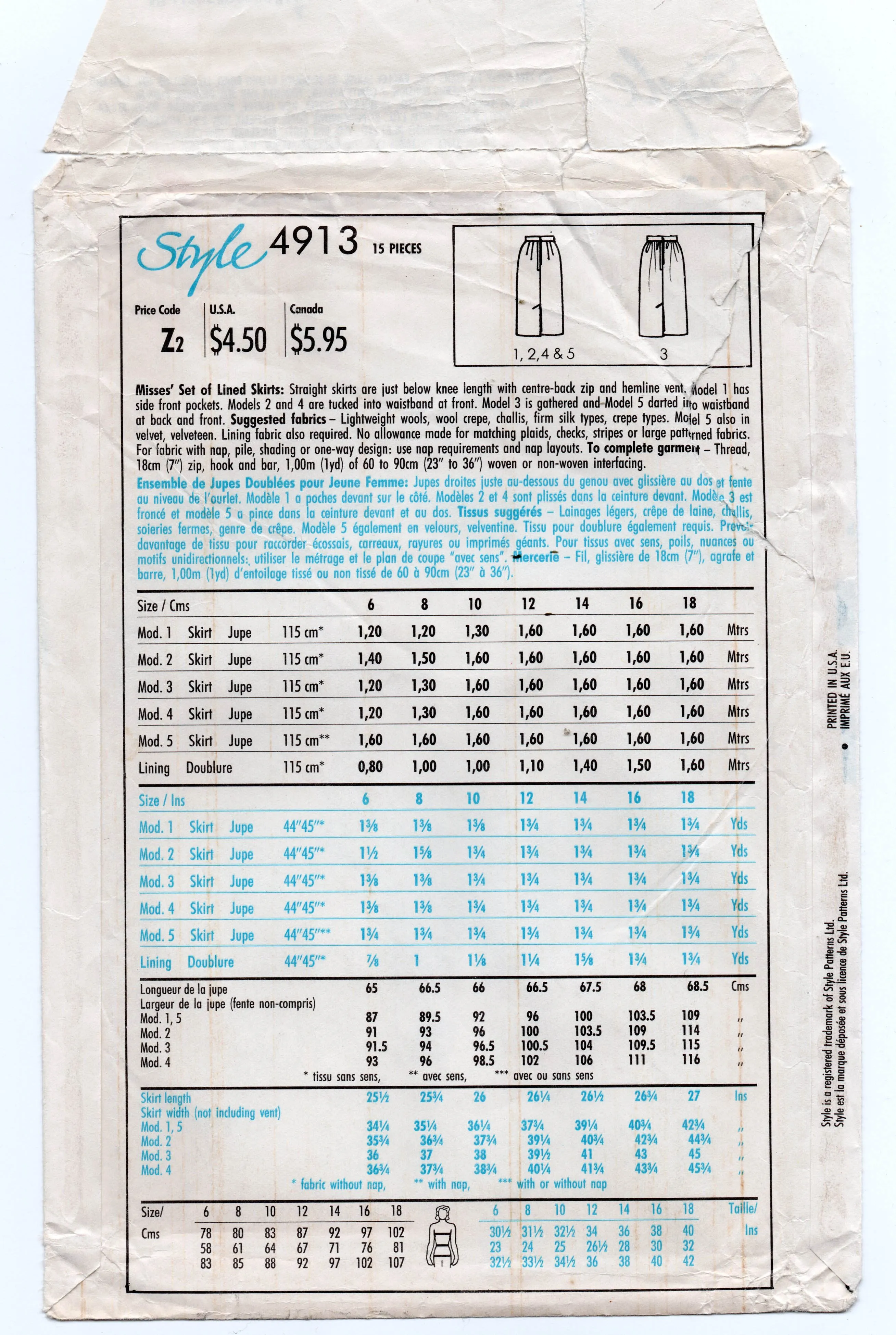 Style 4913 Womens Pleated Slim Skirts 1980s Vintage Sewing Pattern Size 10 UNCUT Factory Folded
