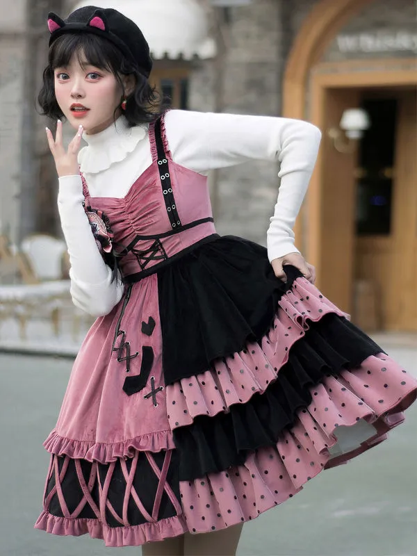 Sweet Lolita JSK Dress Watermelon Red Polyester Sleeveless Polka Dot Nets Tiered Lolita Jumper Skirts