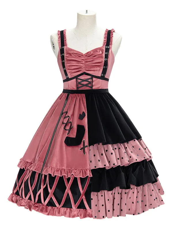 Sweet Lolita JSK Dress Watermelon Red Polyester Sleeveless Polka Dot Nets Tiered Lolita Jumper Skirts